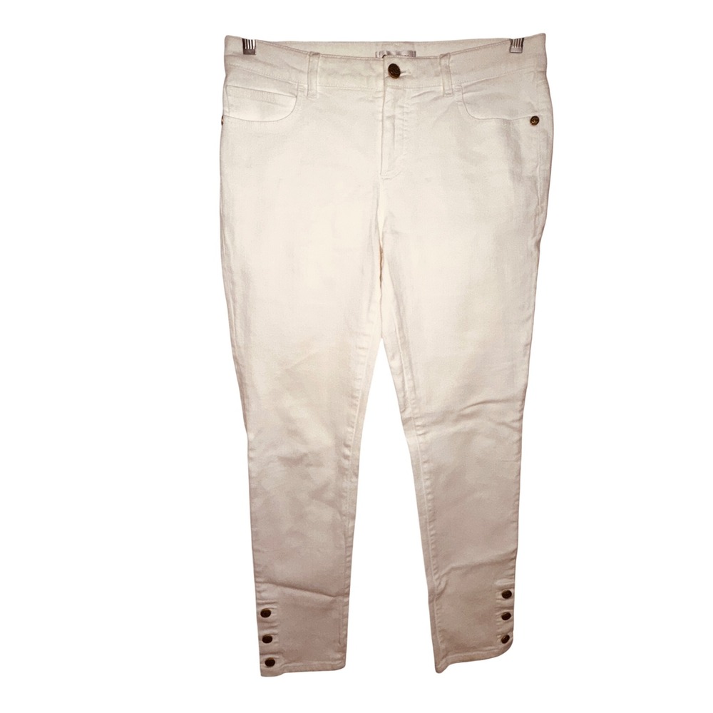 Chanel White Denim La Pausa Ecru CC Logo Button Ankle Skinny Jeans Size 42 Pants